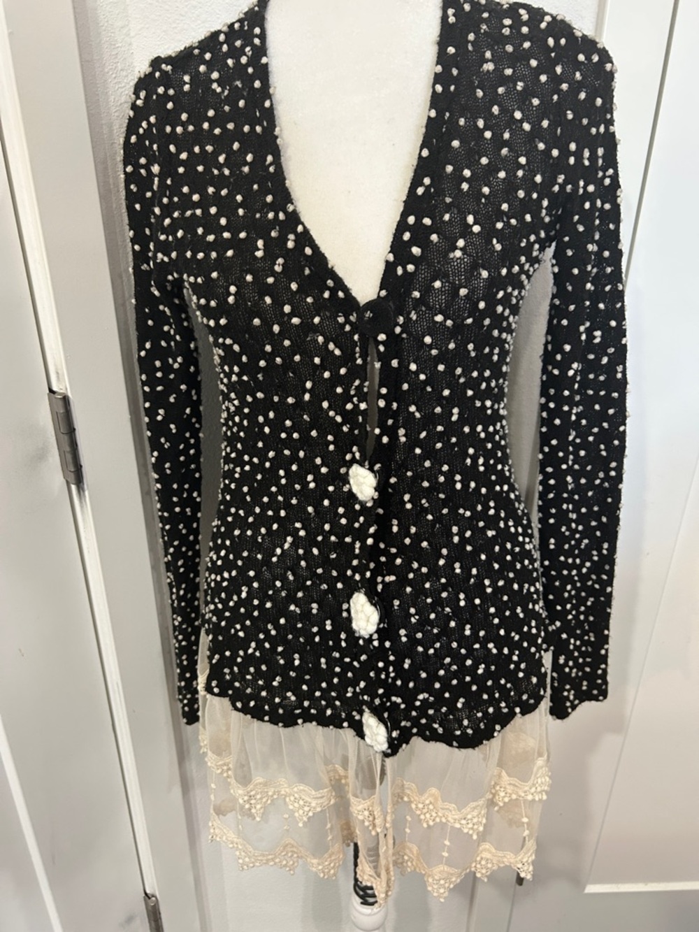 Black Knit Cardigan with White Dot Texture